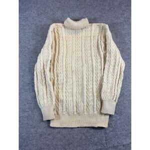 Vintage 90s Cable Knit Turtleneck Sweater Womens Medium Beige Preppy Classic